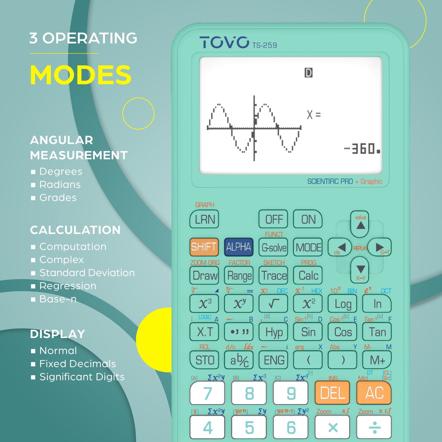 TOVO Scientific Graphing Calculator 360 Functions, TS259 (Tiffany)