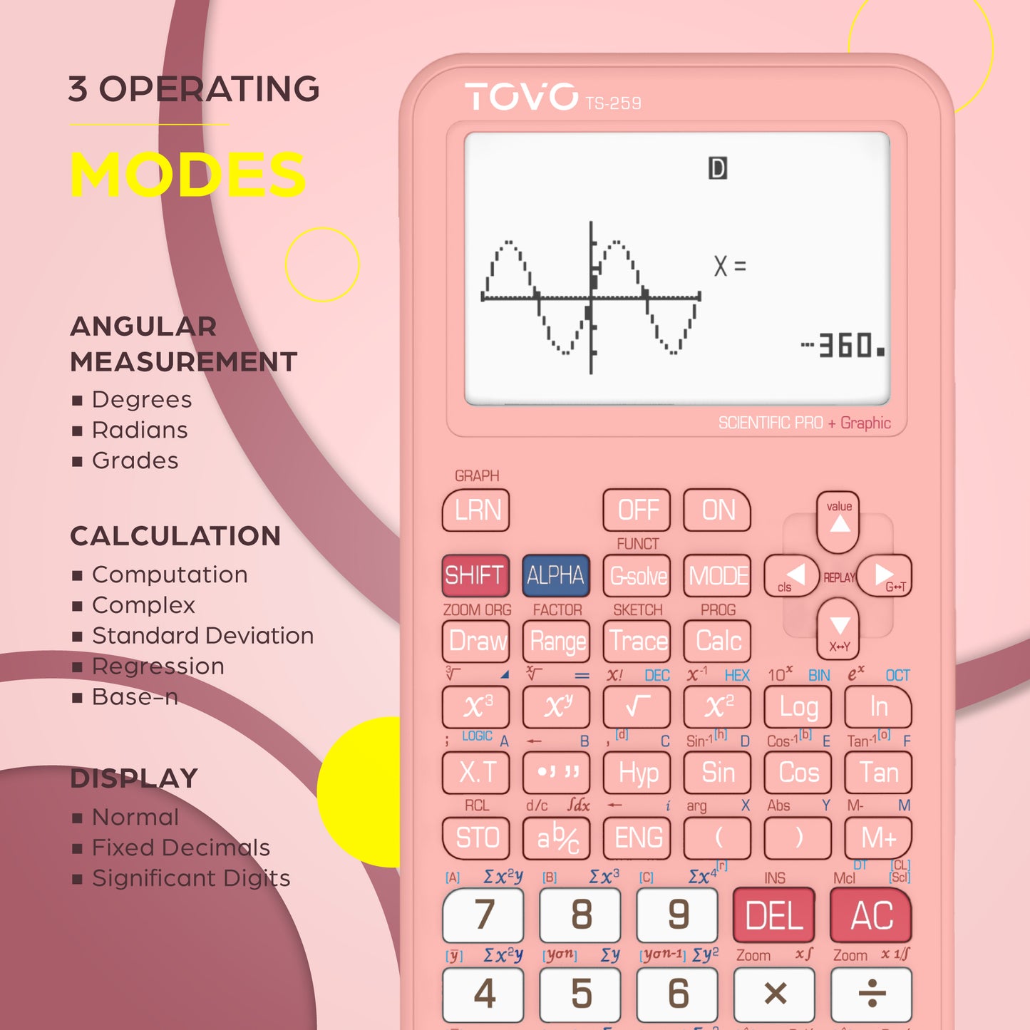 TOVO Scientific Graphing Calculator 360 Functions, TS259 (Pink)