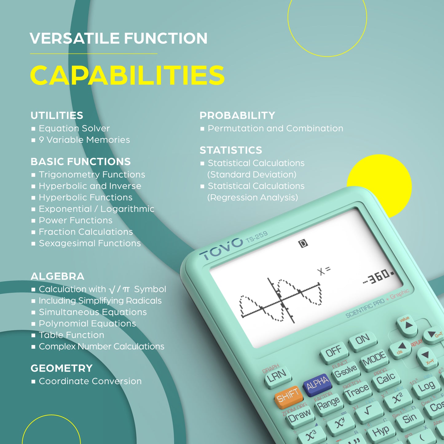 TOVO Scientific Graphing Calculator 360 Functions, TS259 (Tiffany)