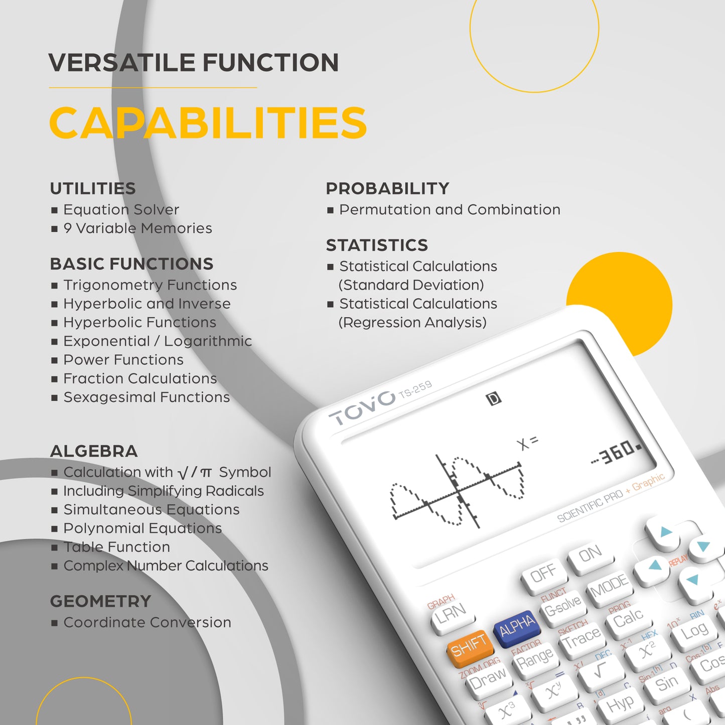TOVO Scientific Graphing Calculator 360 Functions, TS259 (White)